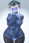  1girl black_sclera blue_skin blush breasts choker curvy demon_girl embarrassed hat horns large_breasts long_hair mimizu_(tokagex) pointy_ears silver_hair solo standing sweater wide_hips yellow_eyes 