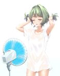  1girl arms_up blush closed_eyes electric_fan green_hair idolmaster idolmaster_cinderella_girls infinote mole mole_under_eye naked_shirt see-through shirt simple_background smile solo sweat t-shirt takagaki_kaede white_background white_shirt 