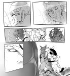  1boy 1girl coat comic error eyebrows glasses greyscale half-closed_eyes ice incipient_kiss junkrat_(overwatch) laughing mei_(overwatch) mei_(overwatch)_(cosplay) monochrome mundal overwatch reflection silent_comic sitting snowball thick_eyebrows tongue tongue_out topless winter_clothes winter_coat 