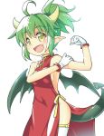  1girl :d ahoge bare_shoulders bat_wings breasts character_name china_dress chinese_clothes demon_tail draco_centauros dress fang gloves green_hair horns looking_at_viewer madou_monogatari open_mouth pointy_ears ponytail puyopuyo short_hair sideboob simple_background smile solo tail thigh-highs toto_nemigi white_background white_gloves white_legwear wings yellow_eyes 