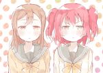  &gt;:&lt; 2girls :&lt; aqua_eyes bangs blush bow bowtie brown_eyes brown_hair closed_mouth female frown half-closed_eyes kunikida_hanamaru kurosawa_ruby long_hair looking_at_viewer love_live! love_live!_sunshine!! multiple_girls pale_color polka_dot polka_dot_background red_eyes school_uniform serafuku shijimi_kozou two_side_up upper_body wavy_mouth white_background 