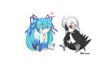  2girls absurdres ahoge blue_eyes blue_hair blush feathered_wings harpy hatsune_miku highres homuzu long_hair monster_girl multiple_girls navel ponytail red_eyes silver_hair smile talons twintails very_long_hair vocaloid voyakiloid wings younger yowane_haku yuki_miku 