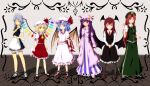  6+girls absurdres apron ascot bangs bat_wings beret blonde_hair blue_eyes blue_hair blue_ribbon blush bow braid chinese_clothes collar commentary_request crescent crystal dress flandre_scarlet frilled_collar frilled_skirt frills full_body hair_bow hair_ribbon hat hat_ribbon head_wings highres holding hong_meiling izayoi_sakuya koakuma long_hair long_sleeves looking_at_viewer maid_headdress mob_cap multiple_girls neck_ribbon necktie nogisaka_kushio open_mouth pants parted_bangs patchouli_knowledge pocket_watch puffy_short_sleeves puffy_sleeves purple_hair red_eyes red_necktie red_ribbon redhead remilia_scarlet ribbon shoes short_hair short_sleeves silver_hair skirt smile socks star striped striped_dress tangzhuang touhou twin_braids vest violet_eyes watch wide_sleeves wing_collar wings wrist_cuffs 