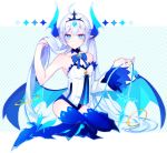  1girl albino bare_shoulders bat_wings blue_eyes blush breasts choker demon_girl detached_sleeves elsword full_body hakuji headband horns jewelry long_hair looking_at_viewer luciela_r._sourcream noblesse_(elsword) petite ribbon ring shirt simple_background sitting sleeveless sleeveless_shirt small_breasts smile solo symbol-shaped_pupils tail thigh-highs twintails white_hair wings zettai_ryouiki 