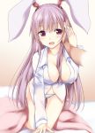  1girl animal_ears blush breasts cleavage gradient gradient_background hands_on_another&#039;s_head hisae_(hisae_collect) kneeling lavender_hair long_hair long_sleeves no_pants on_bed open_mouth panties rabbit_ears red_eyes reisen_udongein_inaba shirt smile solo_focus striped striped_panties touhou underwear 