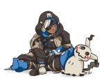  10s 1girl 3d_rod! ana_(overwatch) braid crossover dark_skin eyepatch grey_hair hijab hood mimikyu mimikyu_(pokemon) old_woman overwatch pokemon pokemon_(creature) pokemon_(game) pokemon_sm sitting 