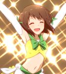  1girl :d ^_^ armpits arms_up backlighting blush bow bowtie breasts brown_hair closed_eyes elbow_gloves gloves green_bow green_bowtie hagiwara_yukiho idol idolmaster navel ninnzinn open_mouth short_hair small_breasts smile solo sweat upper_body white_gloves 