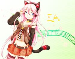  1girl ahoge animal_ears braid cat_pose female happy ia_(vocaloid) long_hair pink_hair ribbon skirt solo tail thigh-highs tied_hair umino umino_(uminodog) vocaloid 