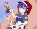  1girl :3 :d animal_ears blob blue_eyes blue_hair blush book buna_shimeji_(keymush) doremy_sweet hat nightcap open_mouth pom_pom_(clothes) reading resting short_hair smile solo star tail tapir_ears tapir_tail touhou 