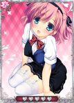  1girl black_ribbon blue_eyes card_(medium) garter_straps grisaia_(series) grisaia_no_kajitsu hair_ribbon kneeling komine_sachi looking_at_viewer open_mouth pink_hair ribbon short_hair solo thigh-highs white_legwear 