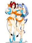  2girls :d ass bandeau bat_wings blue_eyes blue_hair blush breasts choker cleavage closed_umbrella collarbone commentary_request cropped_jacket demon_horns demon_tail demon_wings fingerless_gloves full_body gloves gluteal_fold groin halterneck high_heels horns kneepits kojima_saya long_hair looking_at_viewer microskirt multiple_girls navel open_mouth orange_gloves original racequeen redhead sideboob signature skirt smile tail thighlet umbrella underbust wings wristband yellow_eyes 
