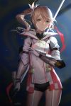  1girl alisha_diphda armor brown_hair garter_straps gauntlets gloves green_eyes hair_ornament holding holding_weapon long_hair looking_at_viewer polearm side_ponytail solo spear swd3e2 tales_of_(series) tales_of_zestiria weapon 