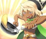  +_+ 1girl alternate_hair_color alternate_hair_length arc_system_works bare_shoulders belt belt_bra blonde_hair breasts cape cleavage cooking dark_skin food frying_pan guilty_gear hat neck_ribbon omurice open_mouth ramlethal_valentine red_eyes ribbon spatula sweatdrop yellow_background zaki_(narashigeo) 