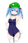  1girl alternate_costume bare_shoulders blue_eyes blue_hair breasts hair_between_eyes hair_bobbles hair_ornament kawashiro_nitori looking_at_viewer medium_breasts one-piece_swimsuit open_mouth skindentation solo standing standing_on_one_leg swimsuit thigh-highs tongue tongue_out touhou twintails two_side_up warabeyume white_background white_legwear 