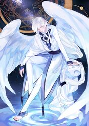  1boy absurdly_long_hair barefoot black_nails card_captor_sakura feathered_wings full_body highres long_hair looking_at_viewer magic_circle male_focus masa_ashe nail_polish sleeves_past_wrists solo standing toenail_polish very_long_hair white_eyes white_hair white_wings wings yue_(ccs) 