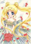  1girl 2016 bare_shoulders bishoujo_senshi_sailor_moon blonde_hair blue_eyes bouquet breasts cleavage cowboy_shot crescent dated double_bun dress facial_mark flower forehead_mark kouki_ran long_hair looking_at_viewer marker_(medium) princess_serenity red_rose rose signature smile solo strapless strapless_dress traditional_media tsukino_usagi twintails 