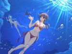  2girls air_bubble aoi_mug barefoot bikini blue_hair breath bubble diving fish freediving highres holding_breath long_hair multiple_girls redhead swimming swimsuit tied_hair underwater 