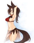  1girl animal_ears armpits arms_up bikini blush breasts brooch brown_hair cowboy_shot cropped_legs imaizumi_kagerou jewelry kaginoni long_hair medium_breasts navel profile red_bikini red_eyes sarong sideboob simple_background solo standing swimsuit tail touhou wolf_ears wolf_tail 