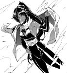  1girl bare_shoulders black_clothes black_hair bleach breasts dark_skin elbow_gloves gloves hand_on_hip high_ponytail jacket long_hair looking_at_viewer monochrome one_arm_up removing_jacket scarf shihouin_yoruichi sideboob slit_pupils smile solo standing thighs tied_hair undressing very_long_hair 