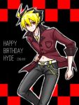  1boy ahoge belt black_hair blonde_hair buttons casual checkered_background flannel hand_on_hip happy_birthday hyde_(under_night_in-birth) jewelry midriff multicolored_hair navel necklace pocket popped_collar red_eyes red_shirt rolled_sleeves shirt two-tone_hair unbuttoned under_night_in-birth wallet_chain white_belt 