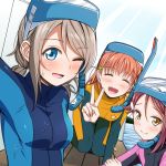  3girls :d ;d ^_^ all_fours blue_eyes brown_hair closed_eyes diving_mask long_hair love_live! love_live!_sunshine!! multiple_girls one_eye_closed open_mouth orange_hair redhead sakurauchi_riko self_shot short_hair smile snorkel snorkle suzume_miku takami_chika v watanabe_you wetsuit yellow_eyes 