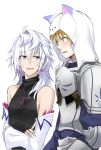  1boy 1girl armor bare_shoulders blonde_hair blush fate/grand_order fate/prototype fate_(series) genderswap genderswap_(mtf) green_eyes hood long_hair merlin_(fate/stay_night) saber_(fate/prototype) shijiu_(adamhutt) smile white_hair 