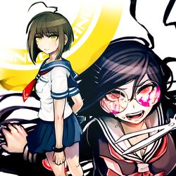  2girls ahoge bad_id blood blue_skirt bracelet broken_glasses brown_hair cracked_lens dangan_ronpa fukawa_touko glasses green_eyes jewelry long_hair looking_at_viewer looking_back miniskirt multiple_girls naegi_komaru pink_blood pleated_skirt red_eyes rokuichi_(bluelamp61) school_uniform scissors serafuku short_hair short_sleeves skirt tears zettai_zetsubou_shoujo 