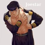  1boy abs bare_chest birthmark coat earrings gakuran groin hand_on_own_chest heart higashikata_jousuke jewelry joestar_birthmark jojo_no_kimyou_na_bouken kijinkutsu male_focus muscle navel open_clothes open_coat peace_symbol pompadour purple_hair school_uniform solo stud_earrings violet_eyes 