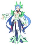  1girl blue_hair breasts center_opening cleavage disgaea dress earrings green_eyes jewelry leaf long_hair low_twintails makai_senki_disgaea_5 nippon_ichi official_art pointy_ears sage_(disgaea) simple_background solo twintails very_long_hair white_background 