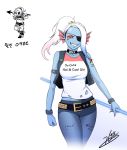  1girl bare_shoulders belt blonde_hair blue_skin breasts choker cosplay dc_comics dip-dyed_hair eyepatch female fish_girl gills harley_quinn harley_quinn_(cosplay) high_heel_boots partially_colored sharp_teeth short_hair shorts solo spear suicide_squad teeth undertale undyne white_background 