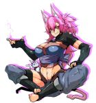  &gt;:) 1girl animal_ears bell bell_collar black_gloves breasts cat cat_ears cat_girl cat_tail cleavage collar fingerless_gloves full_body gloves grin groin hip_vent indian_style jingle_bell kamen_no_hito kiseru large_breasts long_hair looking_at_viewer medium_breasts midriff muscle nail_polish navel original pink_hair pipe red_nails sash sitting smile smoke solo tail tsurime undershirt yellow_eyes 
