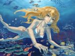  1girl air_bubble barefoot bikini blonde_hair breath bubble coral diving fish freediving highres holding_breath long_hair ocean original swimming swimsuit underwater 