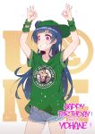  &gt;:) 1girl absurdres armpit_peek arms_up bangs belly_peek blue_hair blunt_bangs character_name clothes_writing commentary_request cosplay cowboy_shot dated denim denim_shorts double_ok_sign english green_hat green_shirt grin happy_birthday hat highres john_cena john_cena_(cosplay) long_hair love_live! love_live!_sunshine!! ok_sign print_shirt regition shirt short_shorts shorts side_bun sideways_hat signature smile solo sparkle t-shirt tsushima_yoshiko violet_eyes wristband wwe 