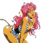  1girl 90s animal_ears breasts cat_ears cat_tail cleavage dark_skin dragon_pink dress female green_eyes large_breasts long_hair official_art open_mouth pink_(dragon_pink) pink_hair simple_background solo tail tiger_print white_background 