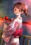  1girl brown_eyes brown_hair candy_apple japanese_clothes kimono lake long_hair looking_back nishizawa original railing side_ponytail smile solo yukata 