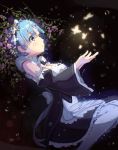  1girl bare_shoulders blue_eyes blue_hair blush breasts butterfly cleavage dark_background detached_sleeves dress flower from_side hair_ornament hair_over_one_eye hair_ribbon headdress highres maid medium_breasts miho_(dreamhutmino) outstretched_arms parted_lips re:zero_kara_hajimeru_isekai_seikatsu rem_(re:zero) ribbon short_hair solo water_drop white_legwear x_hair_ornament 