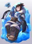  1girl ^_^ animal bag bangs beads belt_pouch bird black-framed_eyewear blue_gloves boots bowl breasts brown_boots brown_hair closed_eyes closed_mouth coat eating full_body fur_trim glasses gloves grey_background hair_bun hair_ornament hair_stick happy holding holding_spoon ice knee_boots large_breasts mei_(overwatch) overwatch penguin robot sae_(revirth) shaved_ice short_hair sidelocks sitting smile snowball_(overwatch) swept_bangs throne 