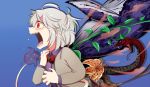  1girl ahoge buna_shimeji_(keymush) commentary_request crying crying_with_eyes_open dress flower half_updo jacket kishin_sagume messy_hair narrowed_eyes open_mouth pain plant red_eyes screaming short_hair silver_hair snake solo tail tears teeth torture touhou vines whale wide-eyed 