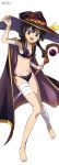  1girl :3 :d absurdres adjusting_clothes adjusting_hat arm_up bandaged_arm bandaged_leg barefoot bikini black_hair blush cape feet flat_chest frilled_bikini frills full_body hat highres imaizumi_naoko incredibly_absurdres knees_together_feet_apart kono_subarashii_sekai_ni_shukufuku_wo! large_hat looking_at_viewer megumin navel official_art open_mouth red_eyes scan side-tie_bikini simple_background smile solo staff swimsuit toes white_background witch witch_hat 