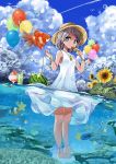  +_+ 1girl air_bubble ankle_ribbon balloon barefoot bird blue_eyes breasts bubble clouds cloudy_sky cup dress drinking_glass drinking_straw eyebrows fish flower flying_fish food fruit goldfish grey_hair hat highres holding jewelry leg_ribbon looking_at_viewer necklace original partially_submerged popsicle rainys_bill ribbon shaved_ice short_hair sky sleeveless sleeveless_dress small_breasts solo standing star straw_hat sundress sunflower watch watch water watermelon watermelon_bar white_dress wristband 