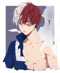  1boy abs bare_shoulders blue_eyes boku_no_hero_academia collarbone heterochromia hinomiya_(wls0910) jacket looking_at_viewer multicolored_hair muscle parted_lips redhead sideburns smoke sweat todoroki_shouto toned torn_clothes track_jacket two-tone_hair upper_body white_hair 
