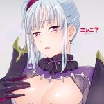  1girl artist_name breasts character_name cleavage erenia grey_background large_breasts lowres miniru parted_lips sennen_sensou_aigis side_ponytail solo upper_body violet_eyes 