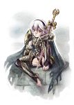  1girl armor bandage_on_face bandaid bandaid_on_nose barefoot cape feet female_my_unit_(fire_emblem_if) fire_emblem fire_emblem_if gauntlets girl leg_hug long_hair maxa&#039; my_unit_(fire_emblem_if) pink_hair pointy_ears sitting solo sword toeless_legwear torn_cape weapon yellow_eyes 