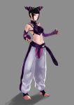  1girl abs absurdres baggy_pants barefoot belt black_hair drill_hair fingerless_gloves full_body gloves glowing glowing_eye han_juri highres midriff navel oroo pants solo street_fighter taekwondo tied_hair toeless_socks toenail_polish twin_drills 