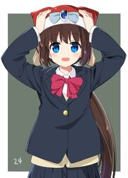  1girl bangs blazer blue_eyes bow bowtie brown_hair cowboy_shot eyebrows eyebrows_visible_through_hair hands_on_own_head hat jacket long_hair looking_at_viewer nelly_virsaladze number numenume_(powa-ogutyogutyo) open_mouth pleated_skirt ponytail red_bow saki school_uniform skirt solo very_long_hair 