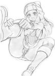  1girl bare_legs boots breasts female hikari_(pokemon) koutarosu legs long_hair looking_at_viewer monochrome nintendo panties pokemon sitting skirt smile solo underwear 