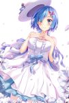  1girl alternate_costume bare_shoulders blue_eyes blue_hair blush breasts dress fingers_together flower hair_over_one_eye hasaya hat highres looking_at_viewer petals re:zero_kara_hajimeru_isekai_seikatsu rem_(re:zero) short_hair smile solo white_dress 