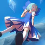  1girl blue_eyes blue_hair cirno depth_of_field detached_wings dress female foreshortening from_below hair_bow hasukawa_isaburou open_mouth outdoors puffy_short_sleeves puffy_sleeves short_hair short_sleeves solo touhou 