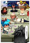  1girl 5boys @_@ black_hair blonde_hair blue_hair blush brown_hair comic drunk female_saniwa_(touken_ranbu) honchu japanese_clothes kashuu_kiyomitsu laughing little_girl_saniwa_(touken_ranbu) midare_toushirou multiple_boys namazuo_toushirou nihongou_(touken_ranbu) ponytail porch pumpkin_pants purple_hair saniwa_(touken_ranbu) sayo_samonji scarf shorts sitting sliding_doors sword tabi tatami touken_ranbu translation_request trap undressing weapon yunomi 