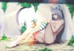  1girl adjusting_clothes adjusting_legwear ahoge animal_ears bare_legs barefoot breasts cat_ears cat_tail cleavage comic copyright_request full_body green_eyes grey_hair highres knees_up large_breasts leaning_back leg_up lens_flare lips long_hair looking_at_viewer michael.r no_shoes panties parted_lips plant shade single_thighhigh sitting smile solo striped striped_legwear tail thigh-highs topless underwear underwear_only very_long_hair wall water wet wet_hair white_panties 